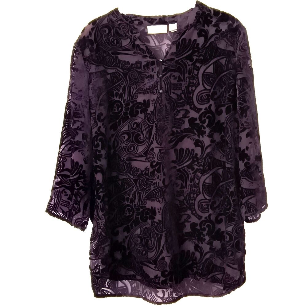 Chicos Top 1 (M) Purple Semi Sheer Floral Velvet Buttons Whimsigoth Burnout Goth